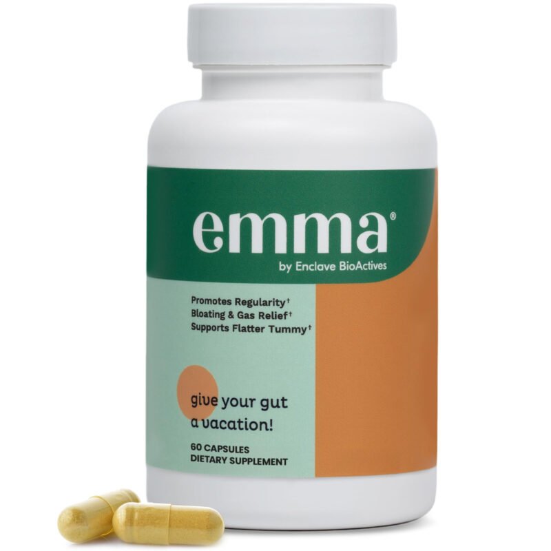 Pack of Emma Gut Health Relief, a doctor-approved supplement for women and men with leaky gut syndrome, improved digestion, constipation, bloating and gas, with berberine, resveratrol and quercetin.