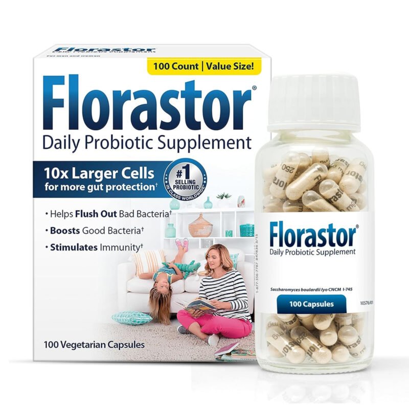 1 pack of Florastor Daily probiotic supplement for women and men, proven to support digestive health. Ingredients: Saccharomyces Boulardii CNCM.