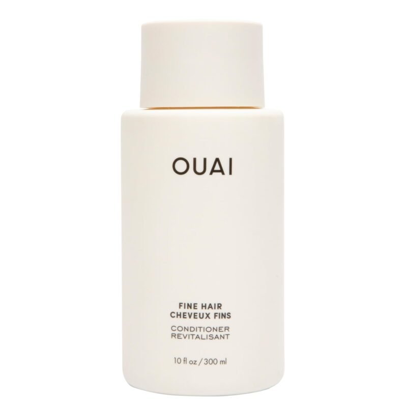 package of OUAI conditioner for fine hair, which adds volume to fine hair. Contains keratin, biotin, and chia seed oil. It adds softness.