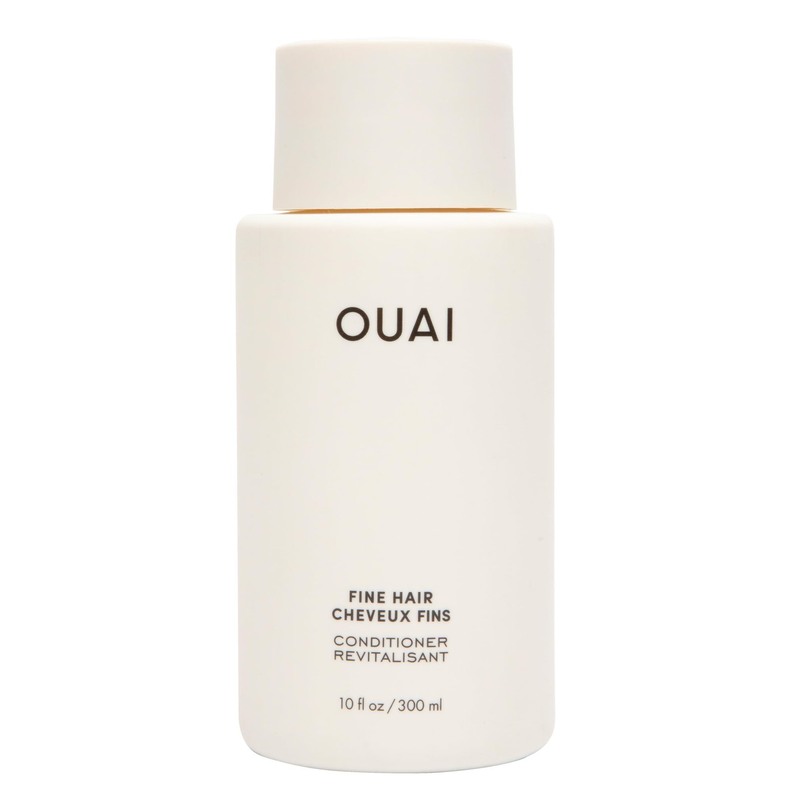 package of OUAI conditioner for fine hair, which adds volume to fine hair. Contains keratin, biotin, and chia seed oil. It adds softness.